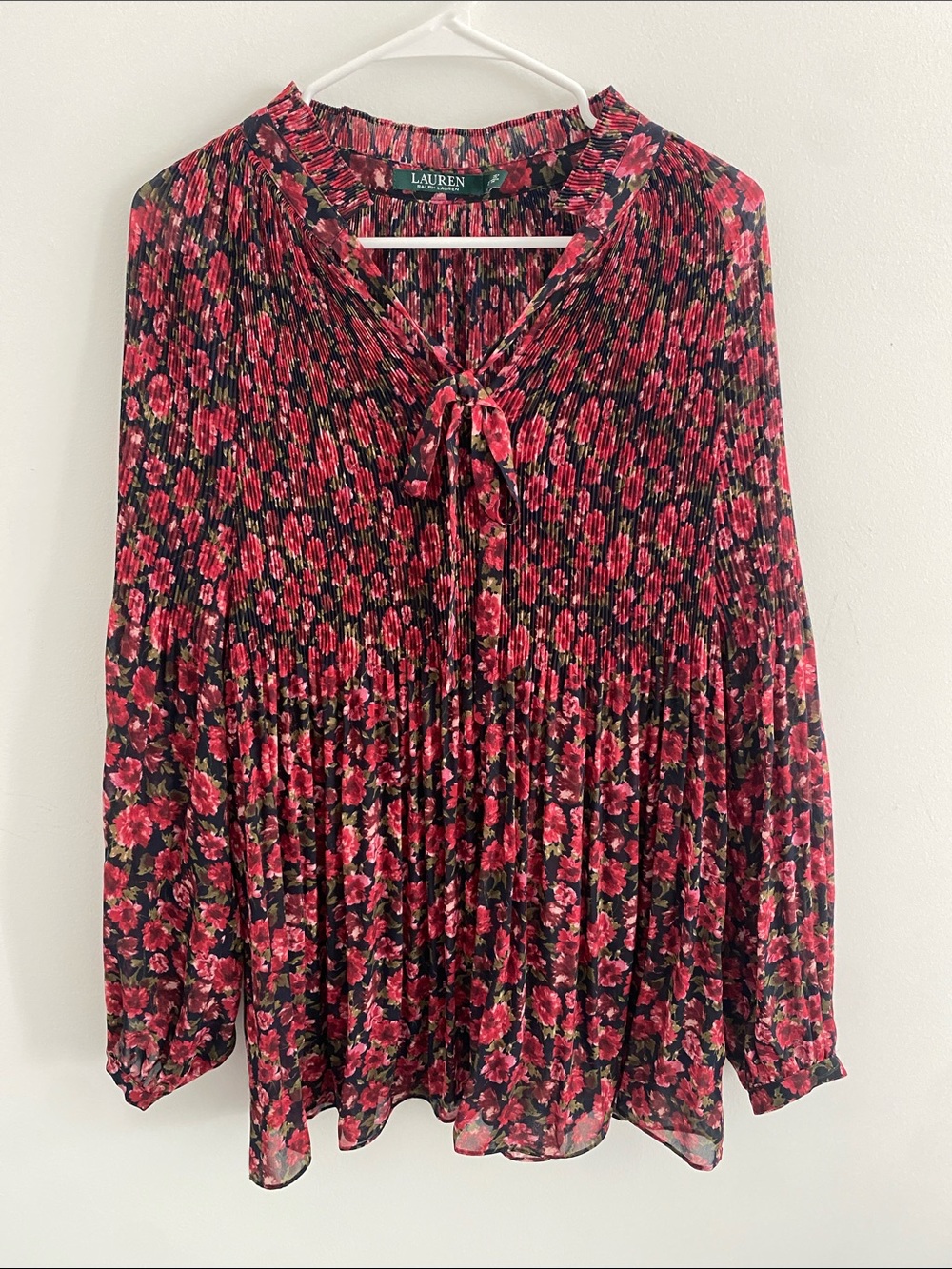 Lauren Ralph Lauren Floral Pleated Ruffle Tie Neck Blouse Pink Black 2X